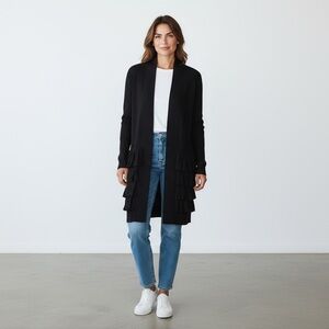 Carmen Marc Valvo Black Knit Open Ribbed‎ Cardigan 80%Rayon SZ Small Minimalist